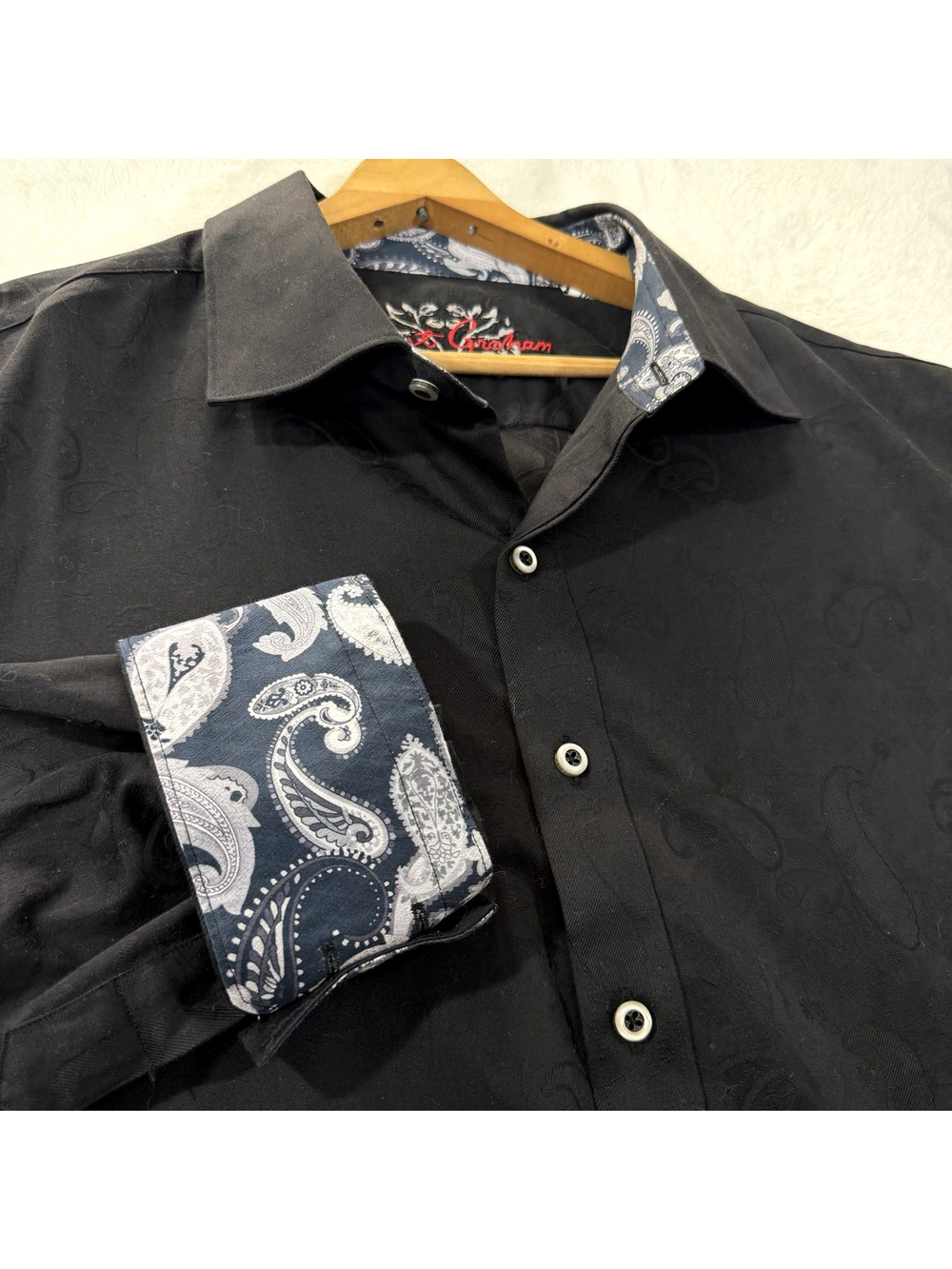 Robert Graham Mens XL Black Paisley Long Sleeve Button Contrast Trim Flip Cuff